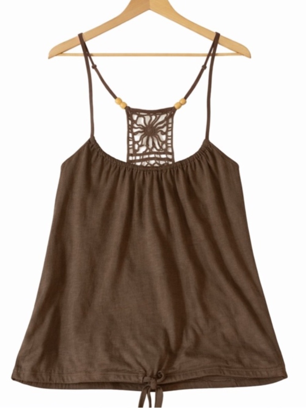 Grass Collection Brown Crochet Back Tank Top Tie Hem Boho Summer Cami